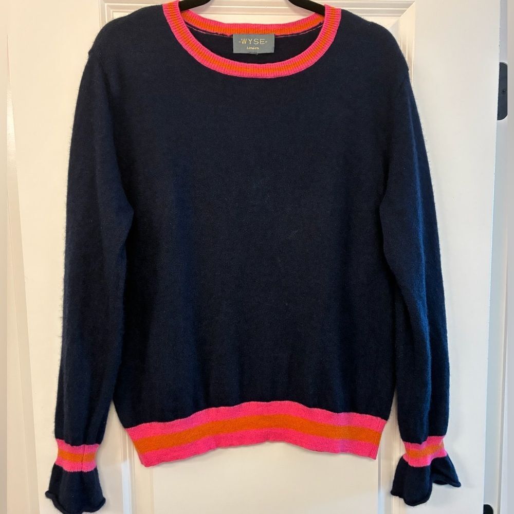 WYSE LONDON Cashmere Crewneck Pullover Sweater Strip Navy Orange Pink Medium